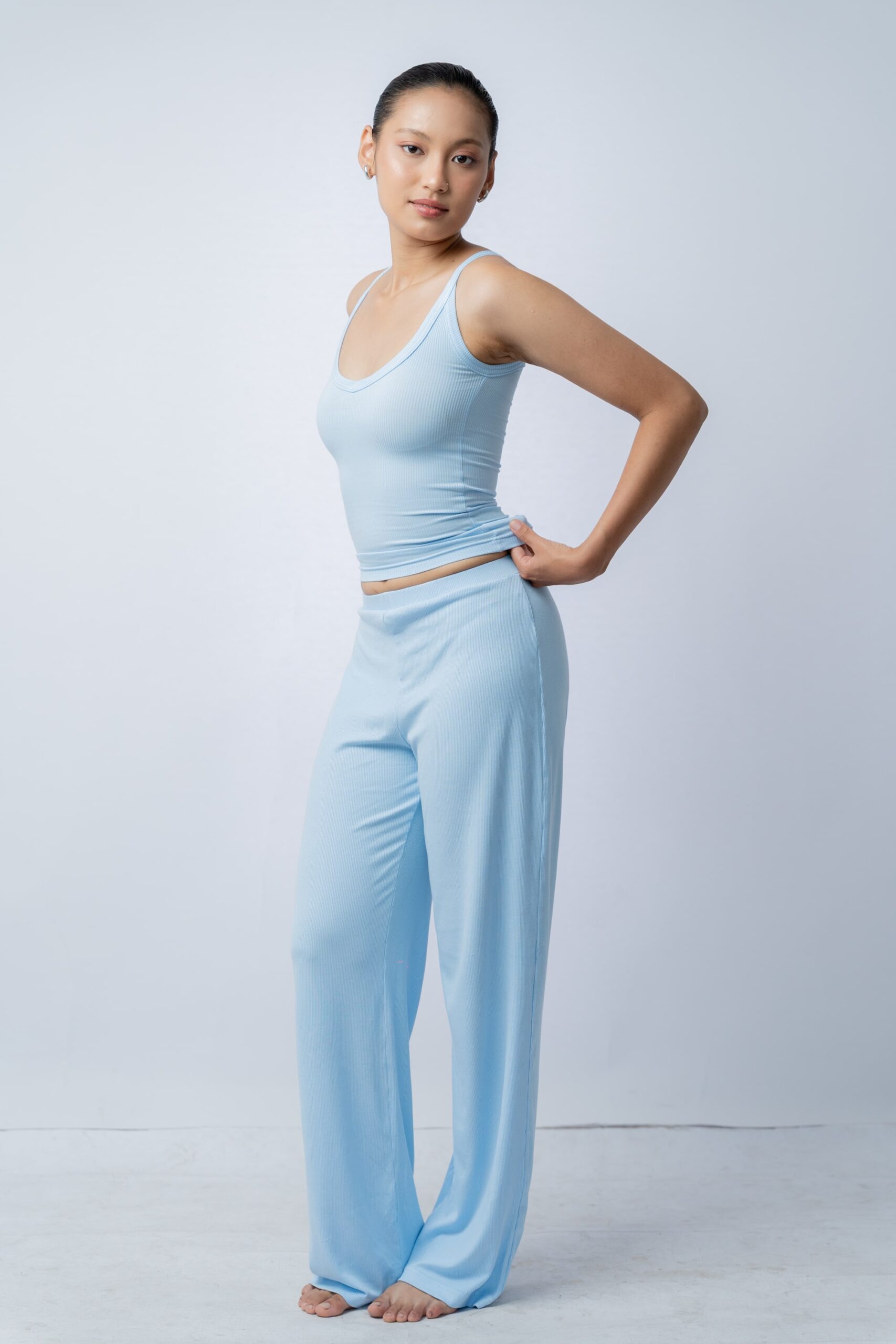 Wide Leg Pant & Plunge neck Baby Blue