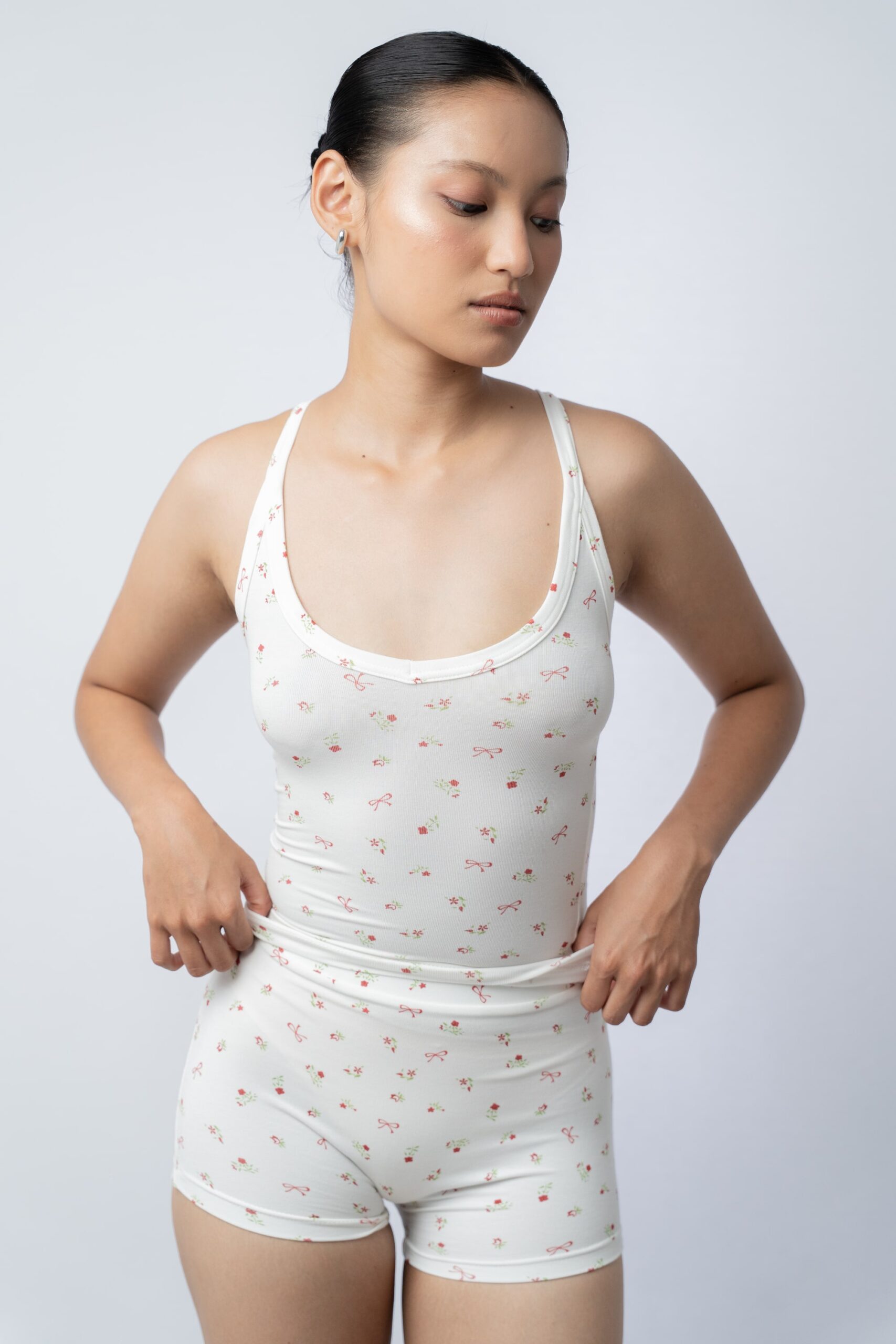 Plunge Neck Top & Boxer Shorts Cherry Print